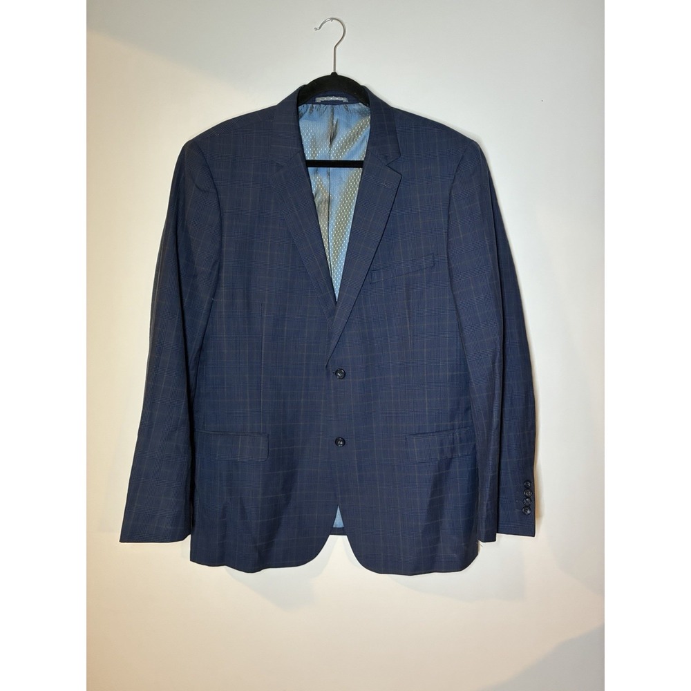 James Tattersall London 46R suit jacket Blue herringbone geometric Wool Linen